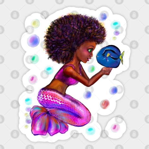 Black anime mermaid with blue tang fish and bubbles. Pretty black girl with Afro hair, green eyes, Cherry pink lips and dark brown skin. Hair love ! Sticker by Artonmytee